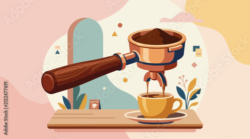 Stylized illustration of a portafilter containing freshly ground coffee positioned above a steaming coffee cup on a wooden