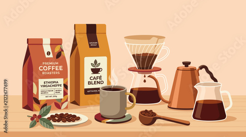 Artistic flat lay of coffee brewing tools and beans for a cozy morning routine