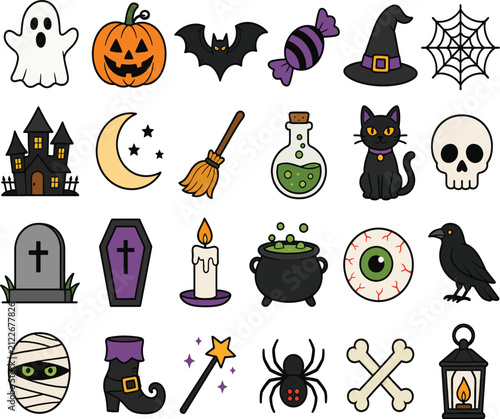 Cute cartoon halloween icon collection for seasonal holiday projects and festive digital designs.