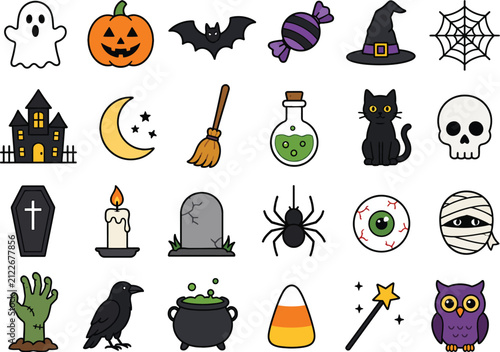 Spooky halloween icon pack for festive holiday crafts party invitations and seasonal decoration.