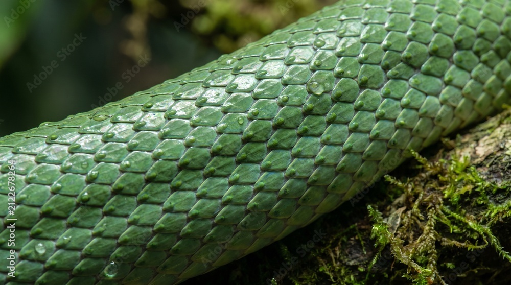 Obraz premium Green tree python scales texture. Close up of snake skin pattern on a mossy branch.