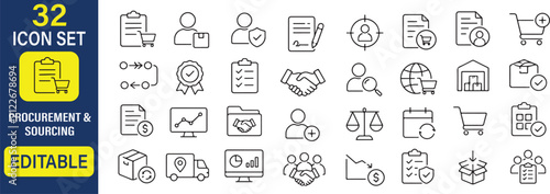32 Procurement & Sourcing Vector Outline Icons Set – Purchasing, Supplier Management, Procurement Process and Supply Chain Line Symbols Collection