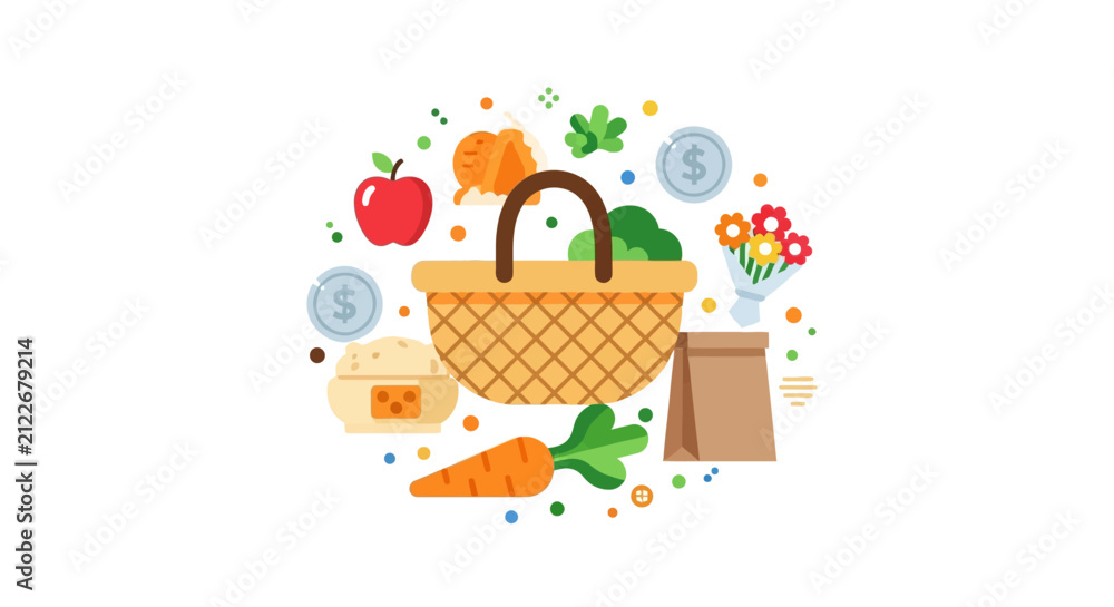 Fototapeta premium Flat Vector Illustration of a Wicker Basket with Fresh Groceries, Apple, Carrot, Bread, and Flowers - Concept for Healthy Eating and Food Delivery