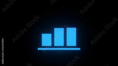 Glowing blue bar chart icon on black background, digital financial growth graph animation, neon business data visualization for corporate presentations