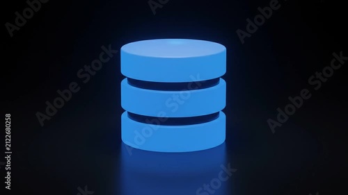 Glowing blue database icon on black background, 3D digital server storage symbol, neon data center concept for cloud computing and information technology