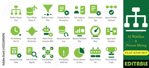AI workflow and process mining icon set. Approval flow, bottleneck analysis, KPI tracking and audit trail solid glyph vector symbols