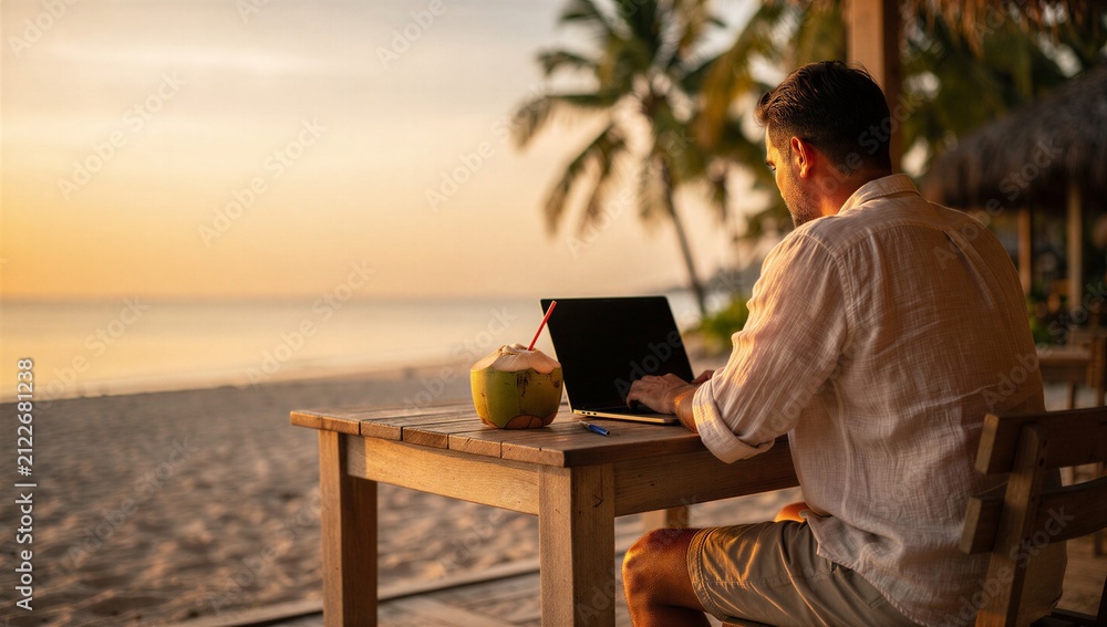 Fototapeta premium Man Working Remotely on Laptop at Tropical Beach with Coconut Drink, Digital Nomad Lifestyle