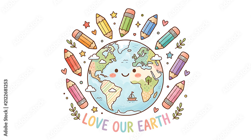 Obraz premium Cute cartoon Earth character surrounded by colorful pencils, stars, and hearts, with the text 'LOVE OUR EARTH' below, illustrating environmental care and creativity.