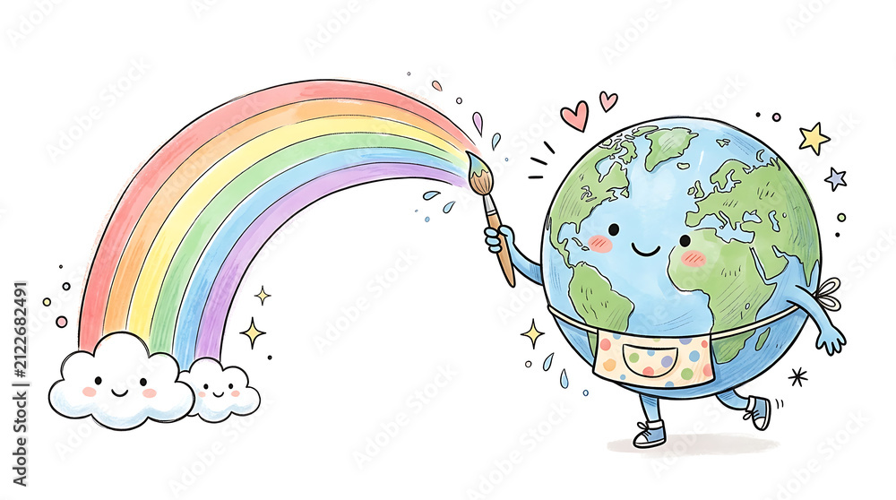 Obraz premium A cute cartoon Earth character is happily painting a vibrant rainbow with a paintbrush, accompanied by smiling clouds.