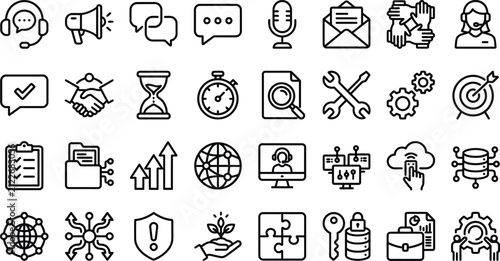 Comprehensive business and technology icon set vector bundle featuring various professional line art symbols for web design and digital project development
