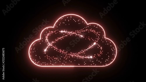 Glowing neon cloud icon with sparkling particles, digital cloud computing symbol in pink light, futuristic data storage animation on black background