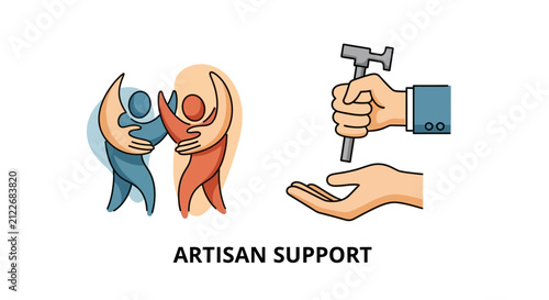Artisan support illustration with tools and community embrace.