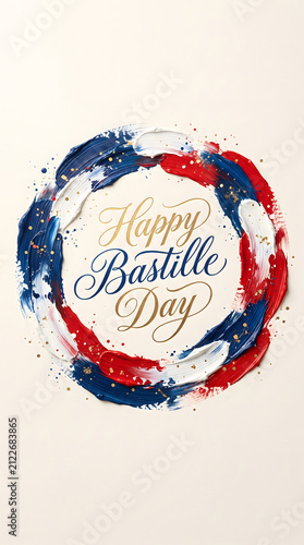 Happy Bastille Day celebration design, French national holiday illustration, watercolor circle with red, white and blue flag colors, vector card template