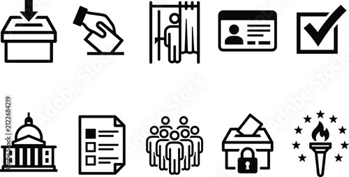 USA voting black and white icon set featuring election, ballot, democracy, citizenship and political participation symbols vector illustration