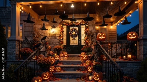 Porch Decor For Halloween With Pumpkins And Witch Hats