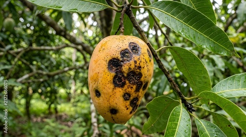Mango fruit with fungal disease on tree. Infected tropical crop showing rot and spots.