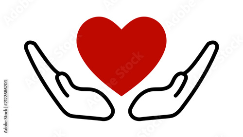 Red heart in open hands vector icon, charity, care, health and love support concept, flat line graphic isolated on white background