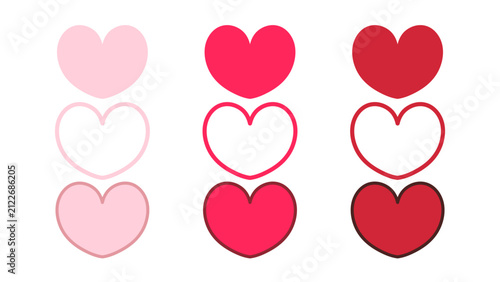 Red and pink heart icon vector set, simple flat linear collection for Valentine day, love and romance symbol isolated on white background