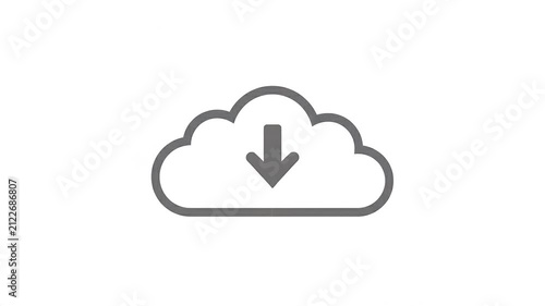 Cloud download icon animation, minimalist grey outline cloud with arrow on white background, digital storage and data transfer concept video