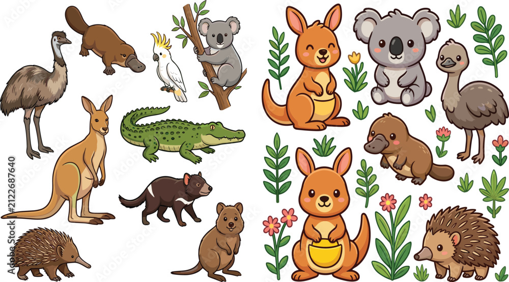 Obraz premium Cute Australian Animals Clipart Set – Kawaii Cartoon Wildlife Vector Illustrations