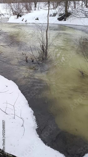 Partially Frozen Winter Stream With Yellowish Water and Snow Banks 
