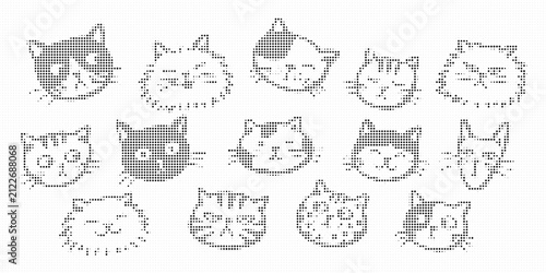 Collection of cute cat faces in halftone style, vector illustration