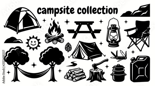 campsite elements featuring tents campfires picnic tables hammocks firewood axes water containers lanterns folding chairs and nature accessories set for outdoor recreation camping tourism