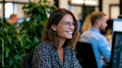 Happy young woman smiling in an open office environment with colleagues working at computers