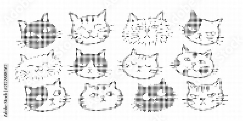 Set of cute cat faces, hand drawn doodle style, halftone vector illustration
