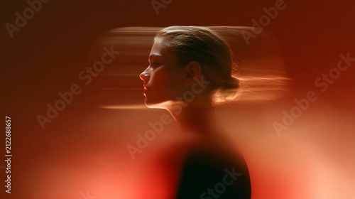 Blurred artistic portrait of a woman with red lighting and motion blur with a serene expression