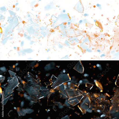 Broken Glass Shards Exploding Flying Fragments Black Background