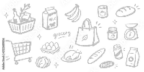 Set of grocery shopping doodle icons, hand drawn food and market elements, shopping basket, milk, bananas, jar, bread, shopping cart, eggs, chicken, bag, can, scale