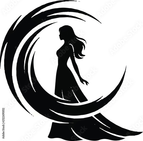 Silhouette of woman walking on crescent moon wave