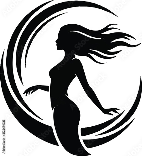 Silhouette of woman with flowing hair in circular frame