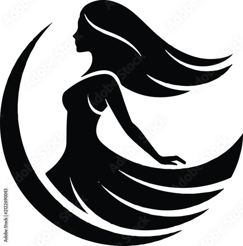 Silhouette of woman with flowing hair and dress