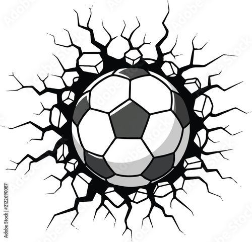 Soccer ball breaking through cracked surface impact effect