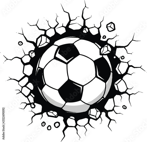 Soccer ball breaking through cracked surface texture