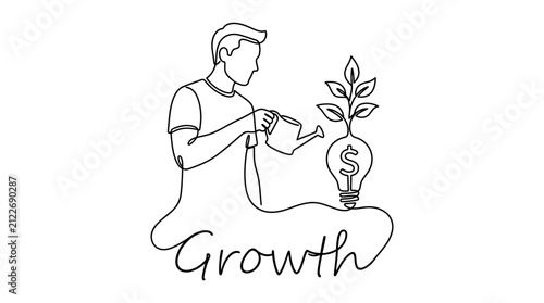 Creative Illustration of Businessman Nurturing a Plant Growing from a Light Bulb for Growth and Innovation Concept