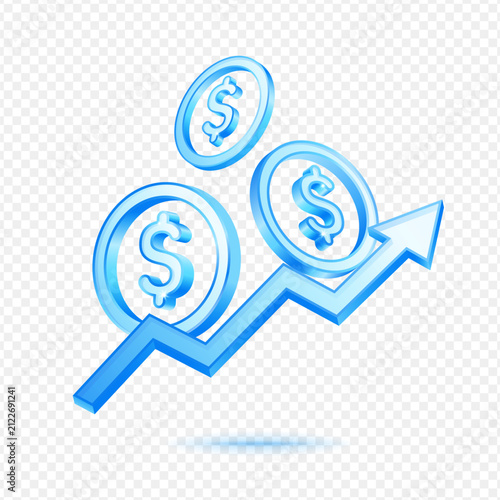 Dollar Coins Growth Arrow Finance, 3D Blue Glossy Investment Icon