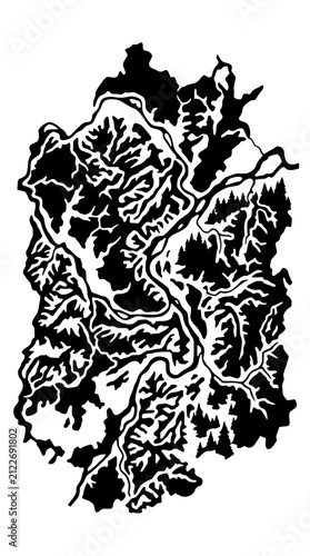 Stylized Monochrome Topographic Map Art with Mountains and Rivers