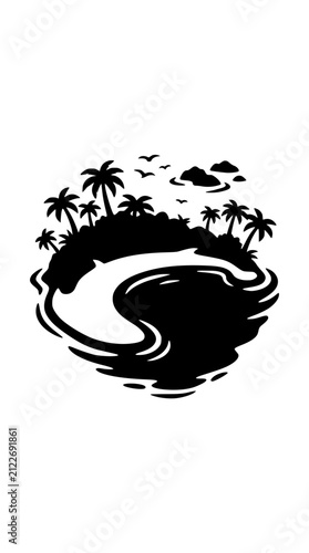 Tropical Island Silhouette with Palm Trees and Ocean Waves