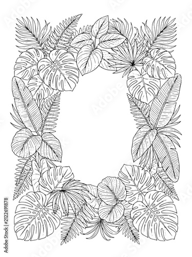 Tropical Leaf Frame Coloring Page with Monstera and Ferns