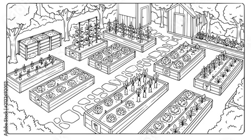 Vegetable Garden Coloring Page with Raised Beds and Shed