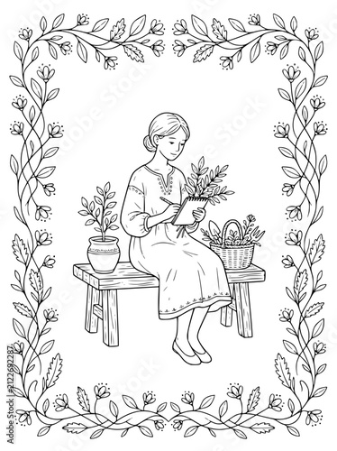 Woman Sketching Plants on a Garden Bench Coloring Page Illustration