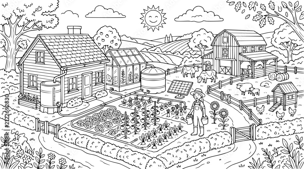 Fototapeta premium Sustainable Farm Coloring Page with Greenhouse Solar Panels and Farm Animals