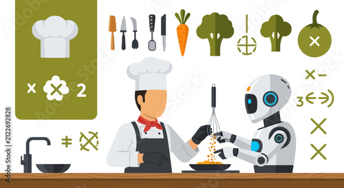 A chef and a robot collaborate in a kitchen, surrounded by cooking utensils, vegetables, and mathematical symbols, suggesting the intersection of culinary arts and artificial intelligence.