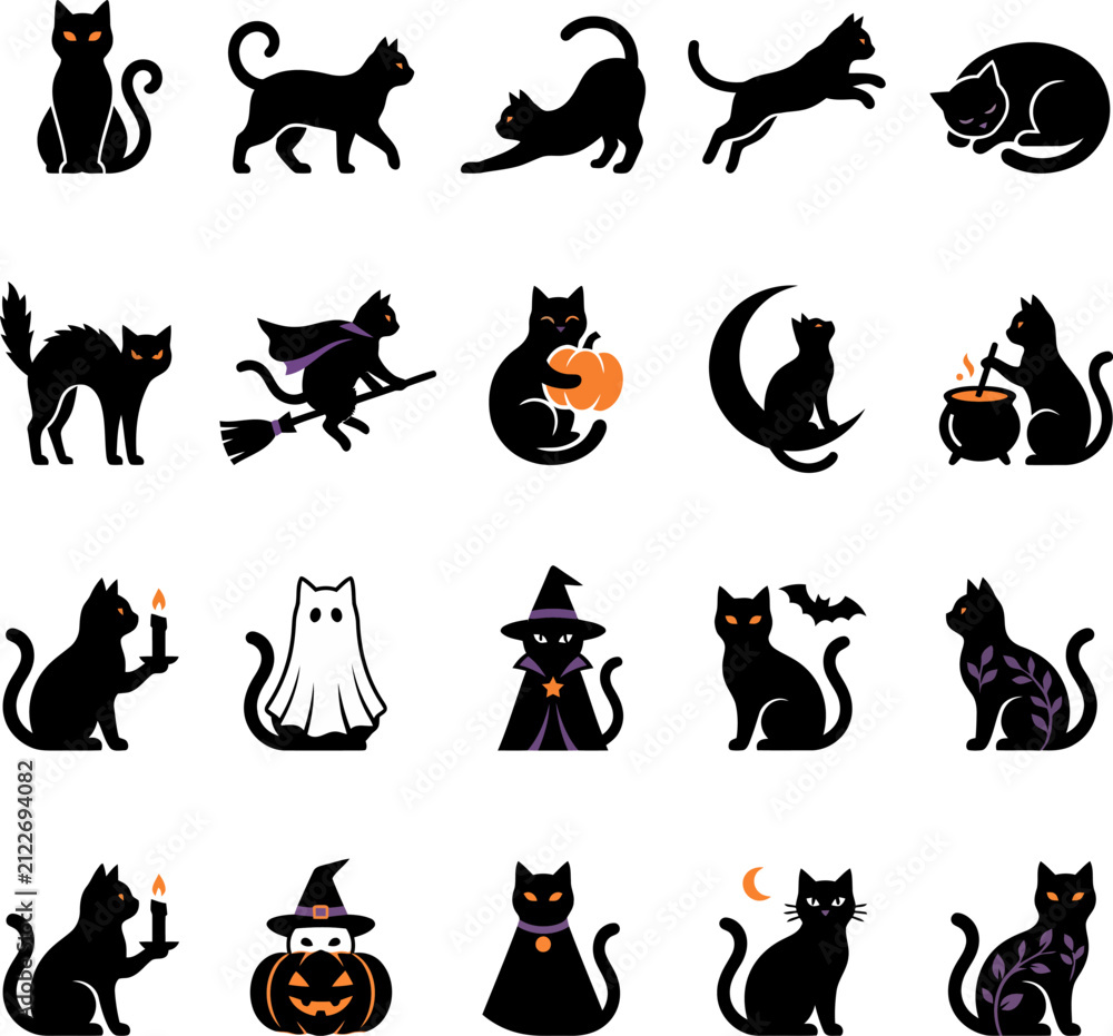 Fototapeta premium Set of black cat silhouettes for halloween design featuring various poses and festive holiday elements on white background