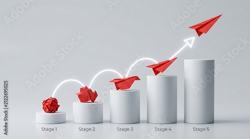 Red paper plane flying over a bar chart. Business growth concept with rising graph steps.