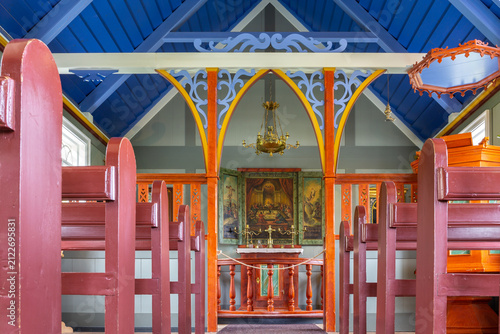 Cuadro en lienzo Skogakirkja church colorful interior nave view at Skogar Museum Iceland