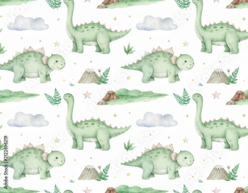 Seamless watercolor pattern with cute baby dinosaurs, clouds, stars, ferns, volcanoes and prehistoric elements for kids nursery or fabric design